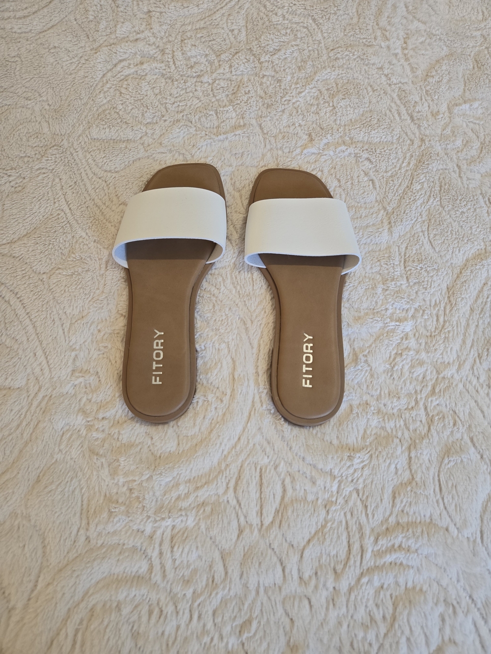 White and Tan Slide Sandals for Women